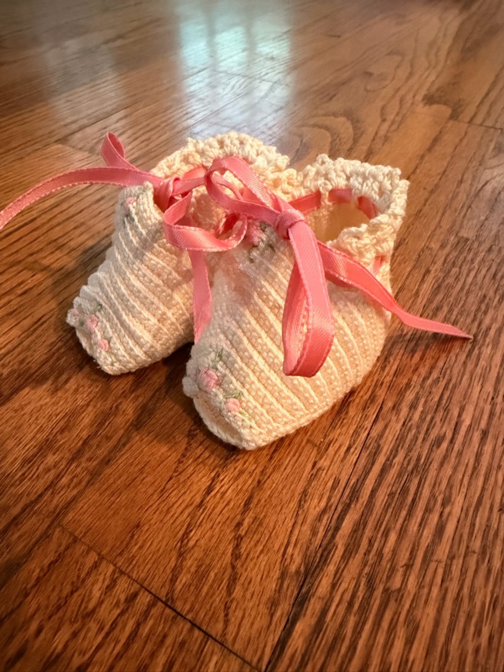 Handmade Cream Baby Booties with Pink Ribbon